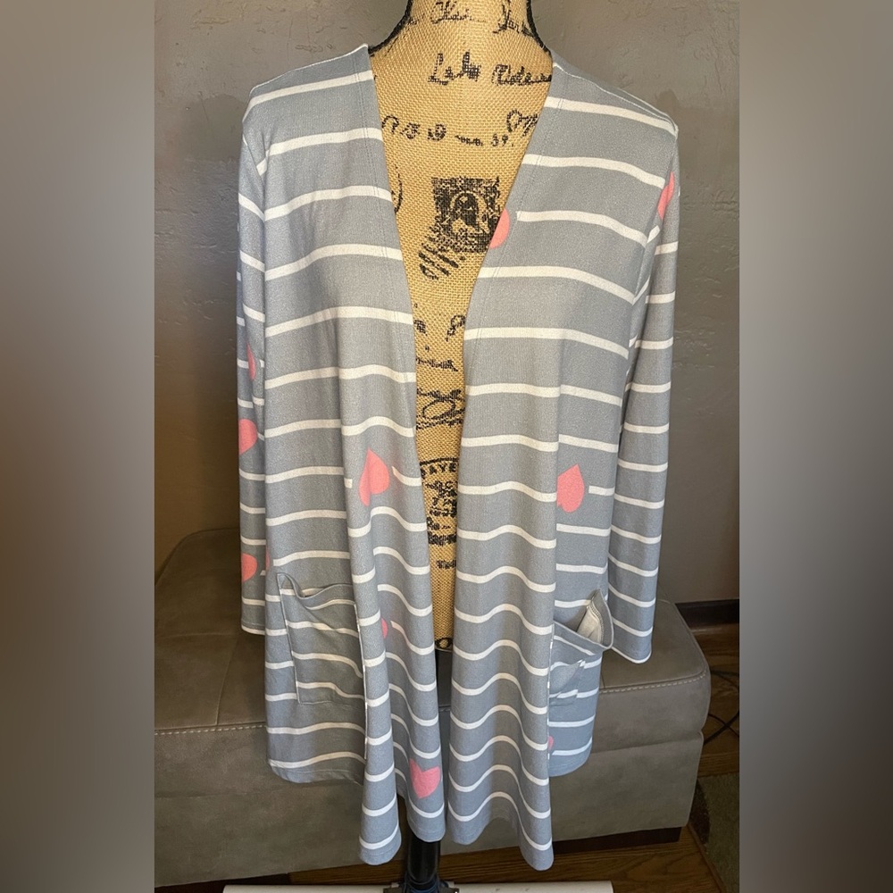 LuLaRoe Gray White Striped Cardigan Pink Hearts Front Pockets Sz L long sleeve
